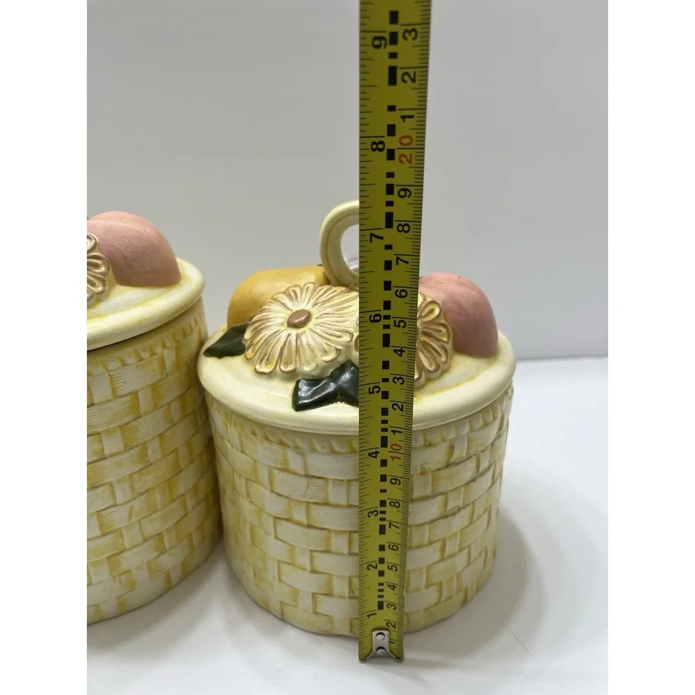 Vintage Ceramic Canister Set Of 2 Yellow Basket Weave Fruit With Lids 1970s